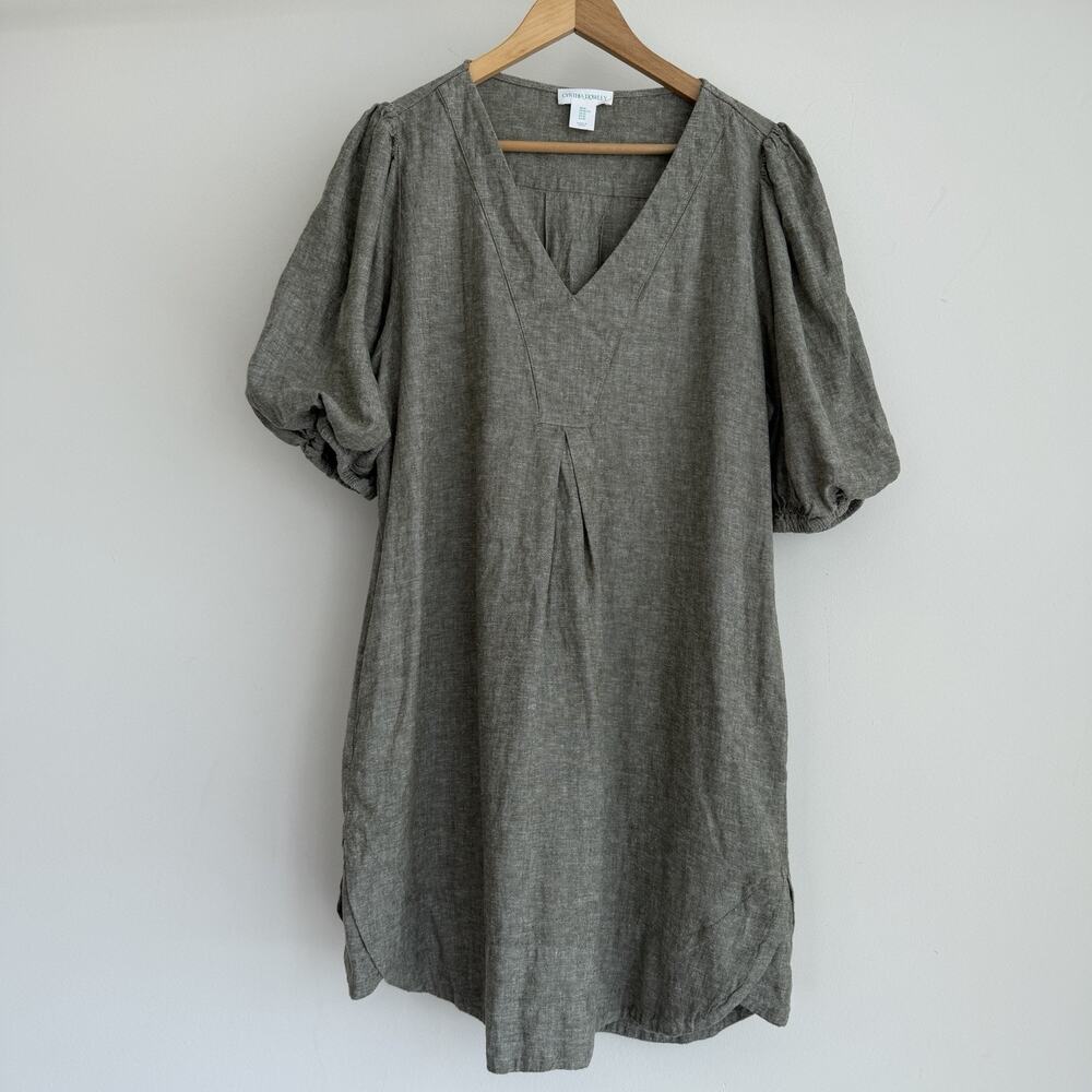 Cynthia Rowley Dress XL Green Linen Blend Pufs Sleeve Earthy Neutral Lagenlook
